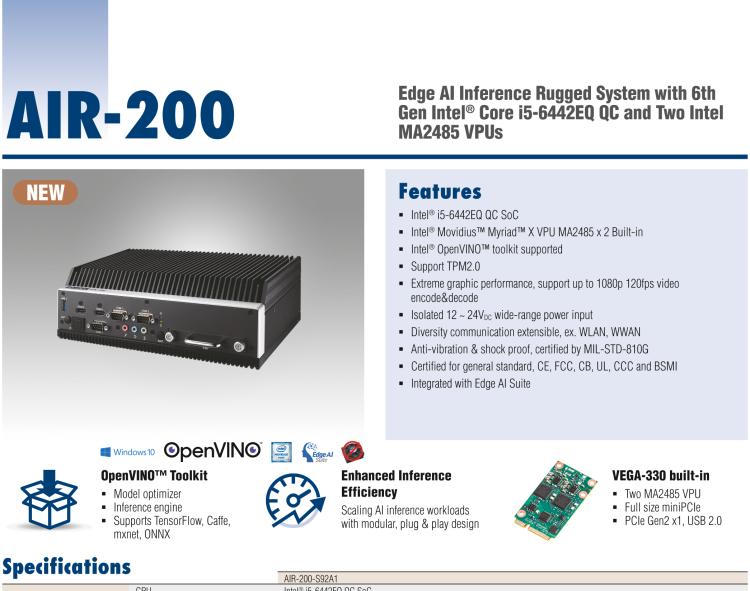 研華AIR-200 基于Intel Core i5-6442EQ處理器，AI計(jì)算平臺(tái)，內(nèi)置Myriad X VPU * 2