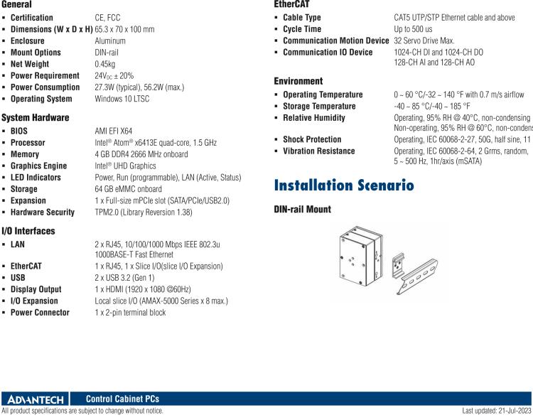 研華AMAX-357 超微型EtherCAT運(yùn)動(dòng)控制器，基于PC架構(gòu)開(kāi)發(fā)，配置了Intel Atom處理器，具有64GB eMMC、2 x LAN、2 x USB和Slice IO擴(kuò)展