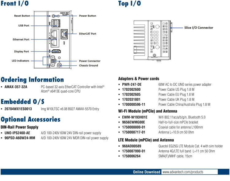 研華AMAX-357 超微型EtherCAT運(yùn)動(dòng)控制器，基于PC架構(gòu)開(kāi)發(fā)，配置了Intel Atom處理器，具有64GB eMMC、2 x LAN、2 x USB和Slice IO擴(kuò)展