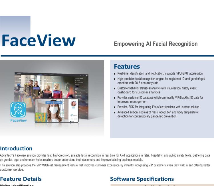 研華FaceView 研華 DeviceOn.FaceView是基于研華 IoT 設備的人臉識別軟件，支持性別、年齡、情感的數(shù)據(jù)收集，支持VPU/GPU加速。FaceView軟件在最新版本中正確識別率提升到了99.7%，可以支持遮擋檢測，也就是是否正確佩戴口罩，再搭配專業(yè)測溫攝像頭情況下，可以實現(xiàn)測量體溫。