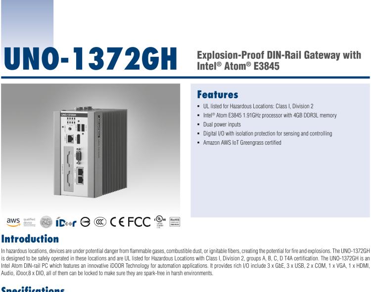 研華UNO-1372GH 通過(guò)Class I，Division 2認(rèn)證的導(dǎo)軌安裝工業(yè)控制器，搭配英特爾?凌動(dòng)?四核處理器