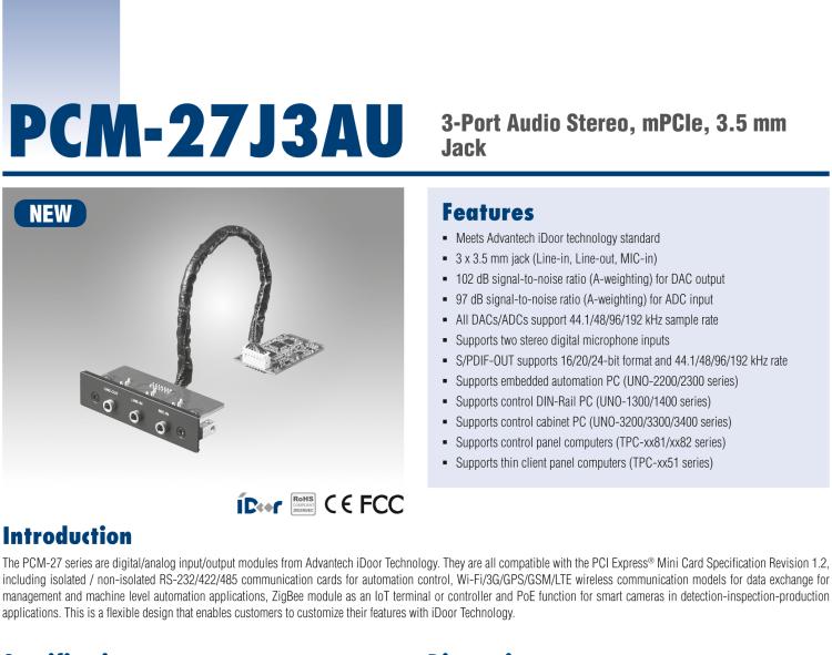 研華PCM-27J3AU 3端口立體聲音頻，mPCIe，3.5毫米插孔