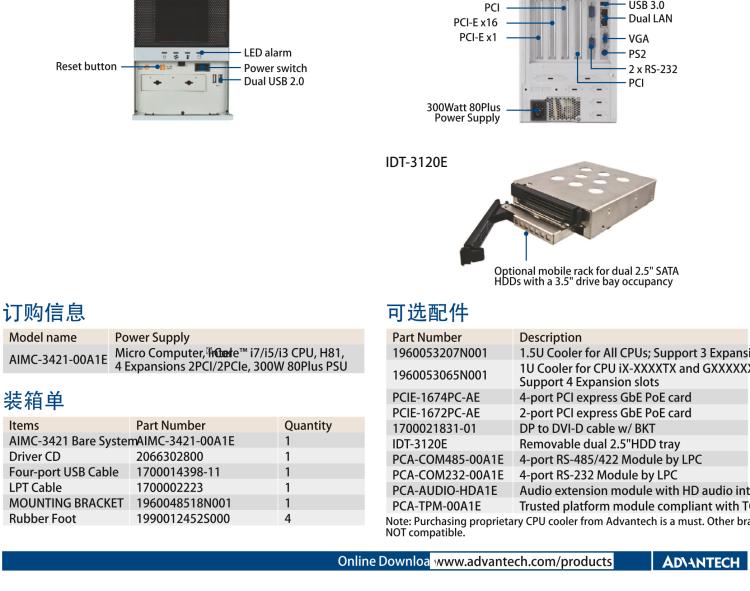 研華AIMC-3421 智能微型計算機，支持英特爾酷睿? i7/i5/i3 CPU,H81芯片組，4個擴展槽2PCI/2PCIe,300W 80Plus 電源
