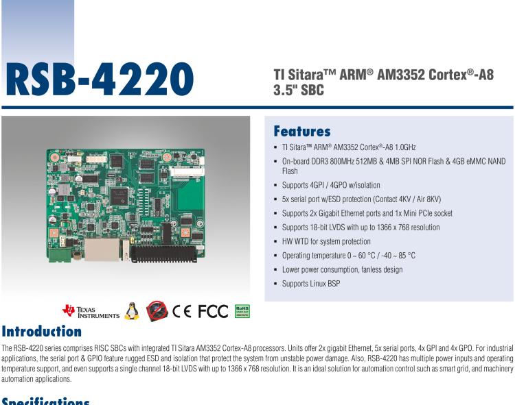 研華RSB-4220 基于TI AM3352 Cortex-A8 的3.5寸單板，寬溫、低功耗、無風扇設計