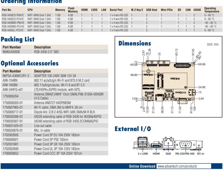 研華RSB-3430 基于NXP Arm Cortex-A9 i.MX6平臺,精簡功能的2.5寸緊湊型單板電腦。搭配UIO20/40可快速擴展各種外設接口