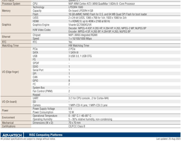 研華ROM-7720 基于NXP i.MX 8QM Qseven Arm核心模塊，多核異構(gòu)，具備優(yōu)異的計(jì)算及圖形顯示性能
