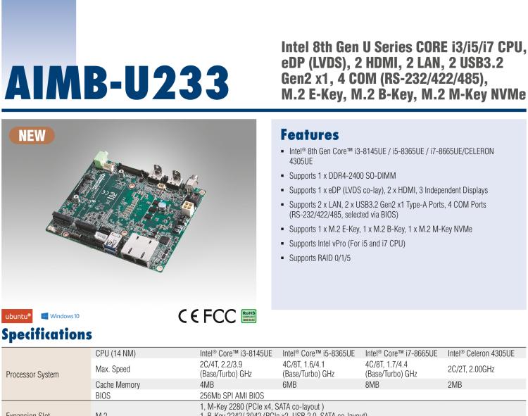 研華AIMB-U233 板載Intel 第8代 U系列 Core i3/i5/i7 處理器。低功耗高性能，無風(fēng)扇設(shè)計。