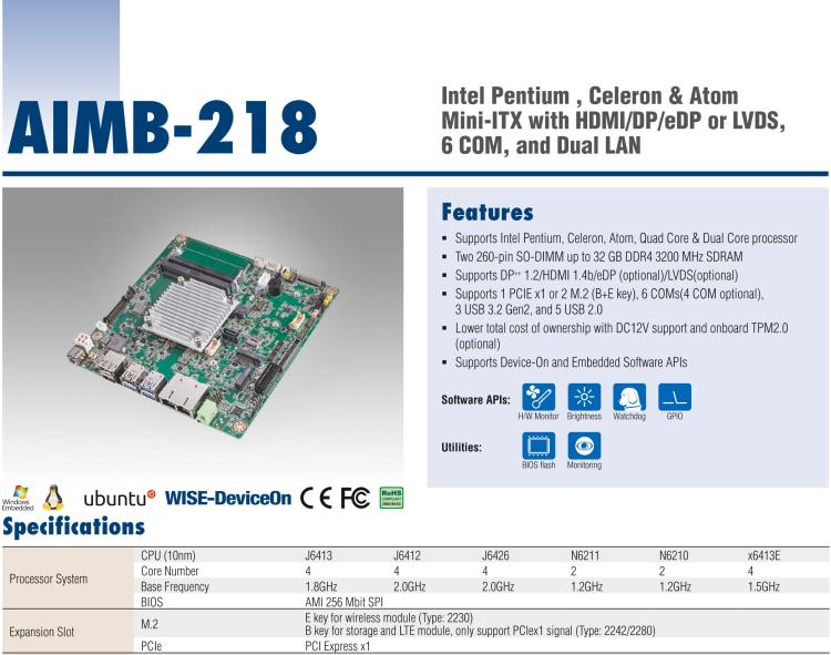 研華AIMB-218 板載Intel? 第8代 奔騰/賽揚(yáng)/凌動系列處理器。支持獨(dú)立三顯，超薄緊湊，無風(fēng)扇設(shè)計(jì)，支持寬溫。