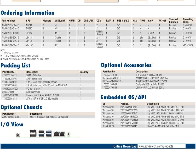 研華AIMB-218 板載Intel? 第8代 奔騰/賽揚(yáng)/凌動系列處理器。支持獨(dú)立三顯，超薄緊湊，無風(fēng)扇設(shè)計(jì)，支持寬溫。