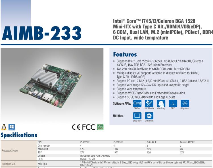 研華AIMB-233 板載Intel? 第8代 Core i 處理器。擁有Type C接口，滿足各類擴(kuò)展需求。低功耗，超薄緊湊，無(wú)風(fēng)扇設(shè)計(jì)，支持寬溫寬壓，性能強(qiáng)勁。