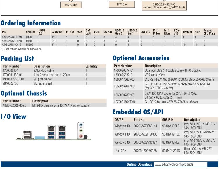研華AIMB-277 適配Intel? 第10代 Core? i 系列處理器，搭載Q470E芯片組。性能強(qiáng)勁，適用于高端應(yīng)用領(lǐng)域。