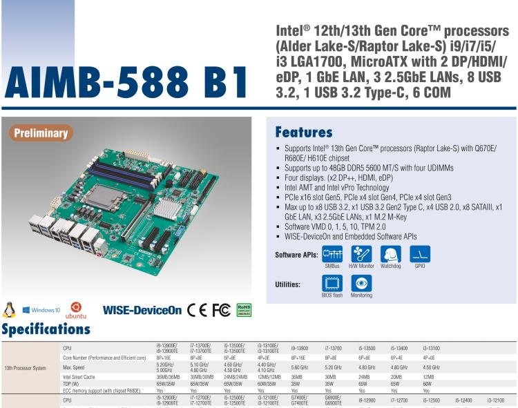 研華AIMB-588B1 適配Intel 第12/13代 Core i/奔騰系列處理器，搭載Q670E/R680E/H610E芯片組。性能可達(dá)服務(wù)器級別，獨(dú)立四顯，具備專業(yè)的圖像處理能力，是理想的行業(yè)解決方案。