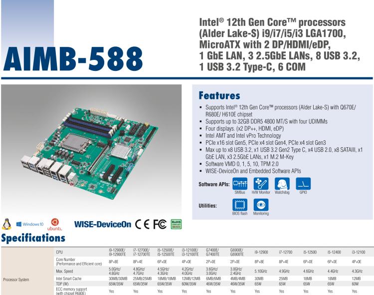 研華AIMB-588 適配Intel 第12代 Core i 系列處理器，搭載Q670E/ R680E/ H610E芯片組。高性能可達(dá)服務(wù)器級別高端產(chǎn)品，獨立四顯，專業(yè)的圖像處理能力，是理想的行業(yè)解決方案。