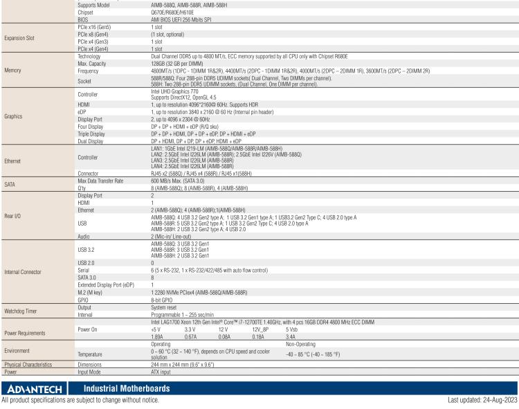 研華AIMB-588 適配Intel 第12代 Core i 系列處理器，搭載Q670E/ R680E/ H610E芯片組。高性能可達(dá)服務(wù)器級別高端產(chǎn)品，獨立四顯，專業(yè)的圖像處理能力，是理想的行業(yè)解決方案。