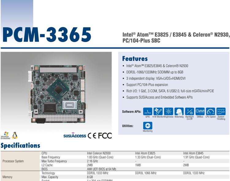 研華PCM-3365 英特爾第四代凌動(dòng)?Atom?E3825 / E3845＆賽揚(yáng)?N2930，PC / 104-Plus嵌入式主板，ISA，VGA，HDMI / DVI，LVDS，6 USB，mSATA或板載SSD