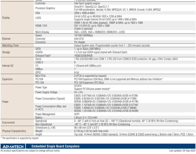 研華PCM-3365 英特爾第四代凌動(dòng)?Atom?E3825 / E3845＆賽揚(yáng)?N2930，PC / 104-Plus嵌入式主板，ISA，VGA，HDMI / DVI，LVDS，6 USB，mSATA或板載SSD