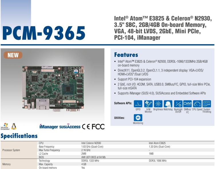 研華PCM-9365 第四代ATOM PCI-104 3.5寸主板, 搭載E3825，N2930 CPU，2GB/4GB內(nèi)存在板，VGA, 18/24-bit LVDS, 2GbE, Mini PCIe, PCI-104, iManager