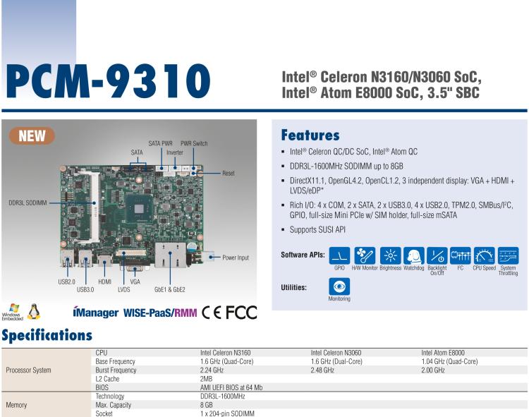 研華PCM-9310 英特爾第五代Atom?賽揚N3160 / N3060 SoC，Intel?Atom E8000 SoC，3.5寸單板電腦，DDR3L，VGA，HDMI，48位LVDS，2GbE，Mini PCIe，mSATA，SUSI API