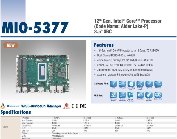 研華MIO-5377 第12代 Intel Core i7/ i5/ i3 P系列，3.5"單板電腦， 高達(dá)12 核心，TDP 28/15W