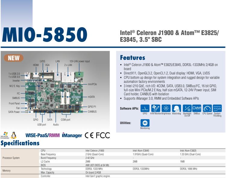 研華MIO-5850 Intel賽揚J1900和Atom?E3825 / E3845,3.5“MI / O-Compact SBC，板載DDR3L，3GbE，iManager 3.0,16位GPIO，CANBUS，板載eMMC，12V / 24V電源輸入