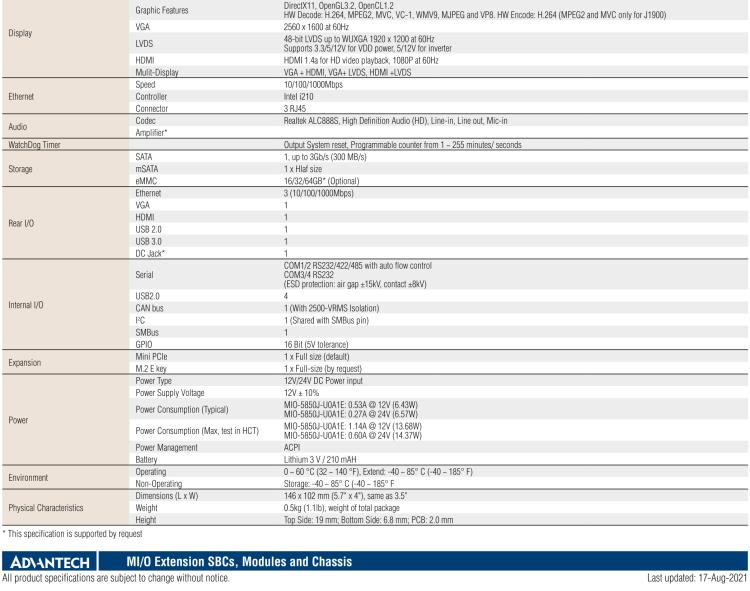 研華MIO-5850 Intel賽揚J1900和Atom?E3825 / E3845,3.5“MI / O-Compact SBC，板載DDR3L，3GbE，iManager 3.0,16位GPIO，CANBUS，板載eMMC，12V / 24V電源輸入