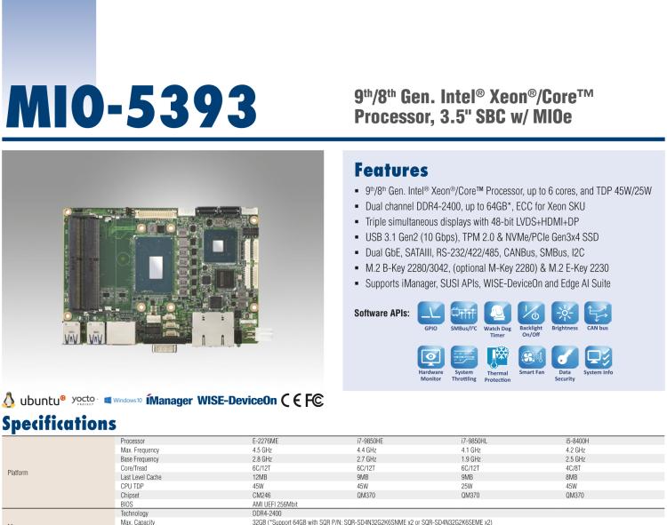 研華MIO-5393 第九代Intel 高性能筆記本CPU 3.5寸小尺寸嵌入式單板，性能提升25%，TDP 45W/25W，支持DDR4 64GB內(nèi)存，2LAN, 4USB 3.1，M.2 2280 Key支持NVMe，-40-85℃寬溫