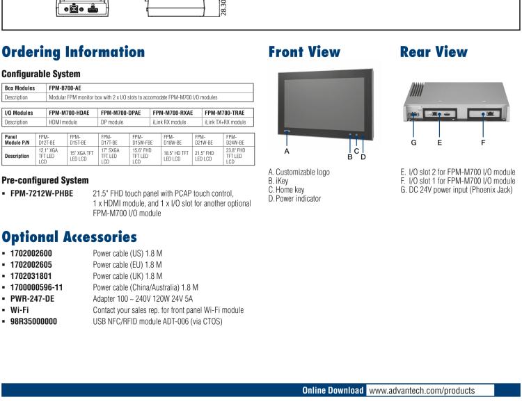 研華FPM-7212W 模組化工業(yè)顯示器，21.5” Full HD/18.5” HD/17” SXGA/15” XGA/12” XGA 液晶顯示器